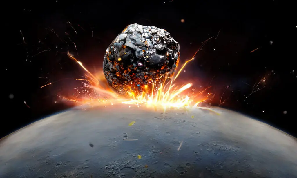 fall of large meteorite on planet. blast wave of big bang from collision of meteorite. meteorite explosion of sparks and fire. black galaxy background. 3d render