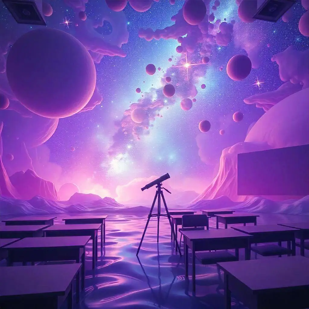 a class room in outer space with a telescope looking at the stars